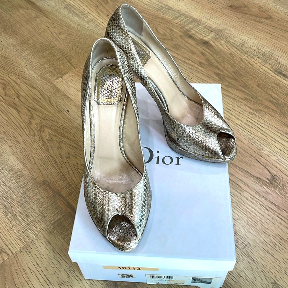 Dior Gold Snakeskin Peep-Toe Stiletto Heels